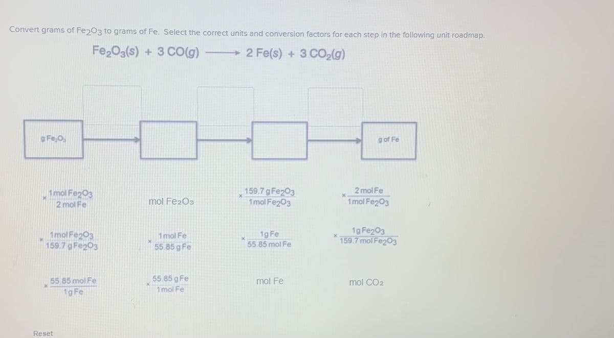 Convert grams of Fe203 to grams of Fe. Select the correct units and conversion factors for each step in the following unit roadmap.
Fe2O3(s) + 3 CO(g)
2 Fe(s) + 3 CO2(g)
g Fe,O,
g of Fe
159.7 gFe203
1mol Fe203
2 mol Fe
1mol Fe2O3
2 mol Fe
mol Fe2O3
1 mol Fe203
1mol Fe203
159.7 g Fe203
1g Fe
55.85 mol Fe
1g Fe203
159.7 mol Fe203
1mol Fe
55.85 g Fe
55.85 g Fe
1 mol Fe
55.85 mol Fe
mol Fe
mol CO2
1g Fe
Reset
