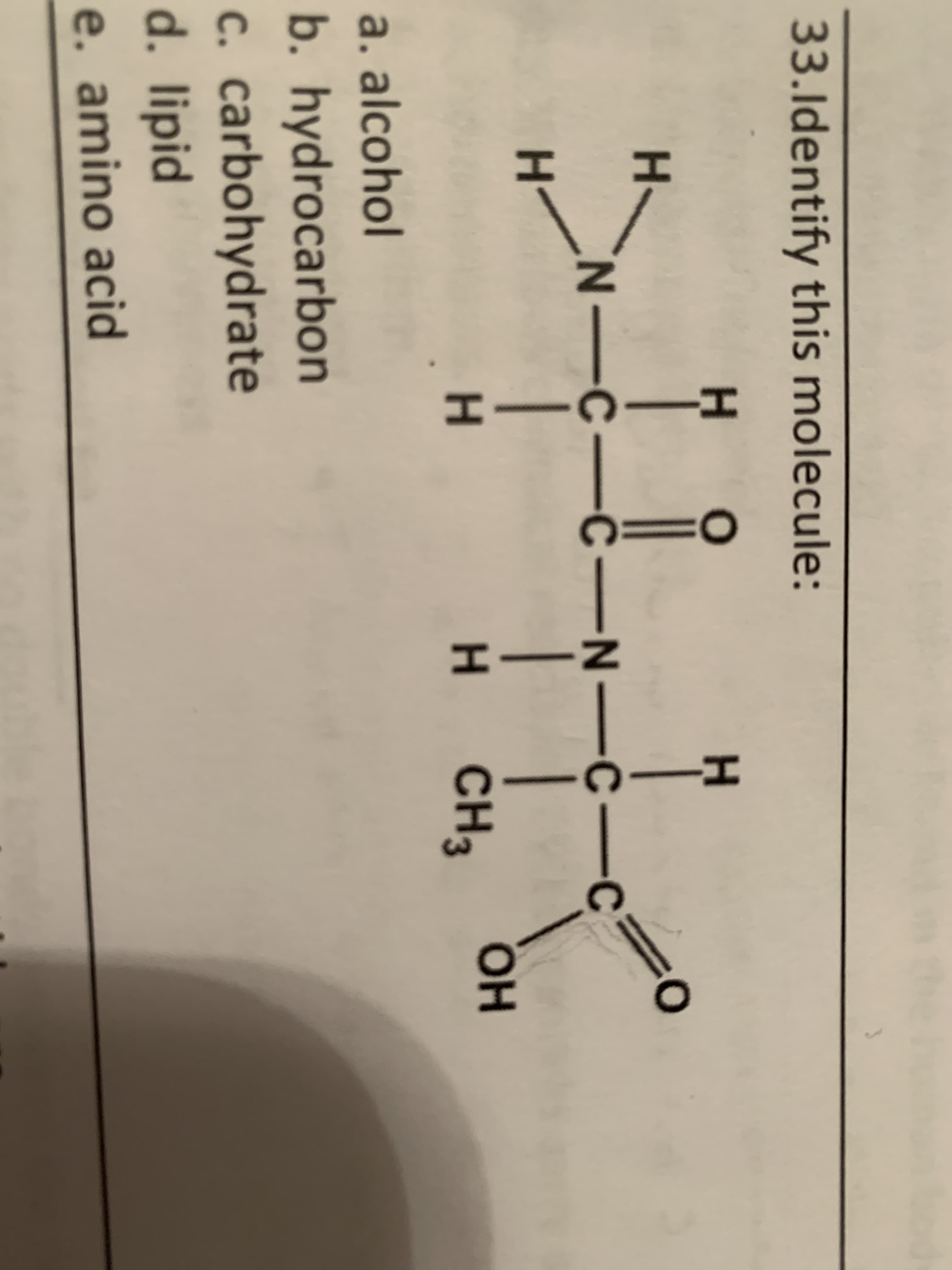 %3D
33.ldentify this molecule:
н
н.
N-C-C -N-C-C
0:
н
н
н
CH3
он
a. alcohol
b. hydrocarbon
c. carbohydrate
d. lipid
e. amino acid
