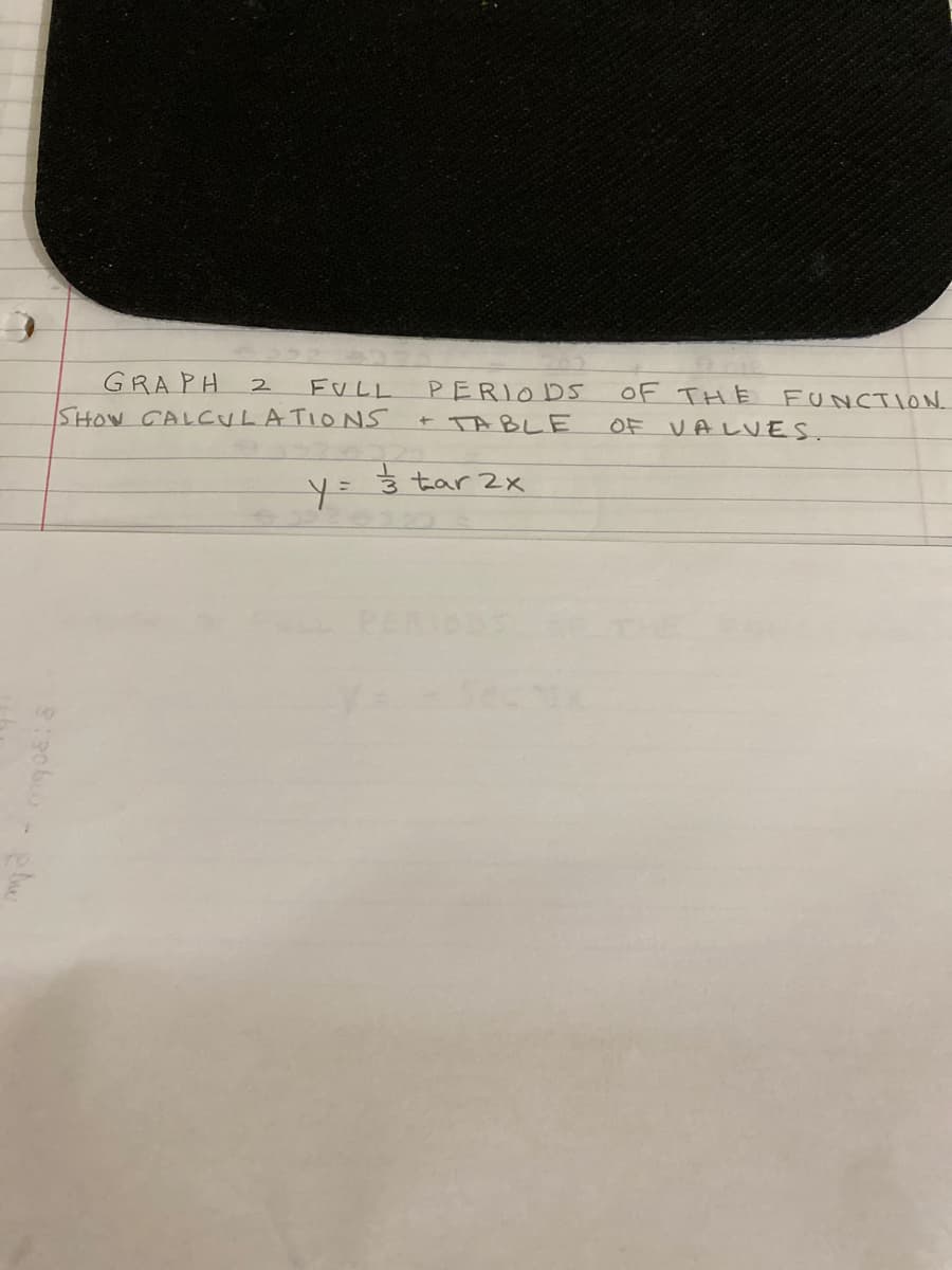 GRAPH
2.
FULL
OF THE FUNCTION
PERIOD5
SHOW CALCULATIONS
+ TABLE
OF
VALVES.
3 tar 2x
y=
PERIONS
