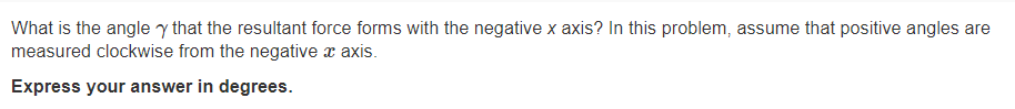 What is the angle y that the resultant force forms with the negative x axis? In this problem, assume that positive angles are
measured clockwise from the negative x axis.
Express your answer in degrees.
