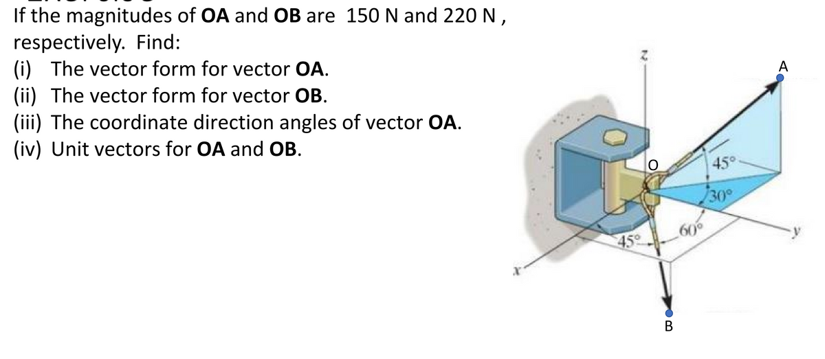 If the magnitudes of OA and OB are 150 N and 220 N,
respectively. Find:
(i) The vector form for vector OA.
(ii) The vector form for vector OB.
(iii) The coordinate direction angles of vector OA.
(iv) Unit vectors for OA and OB.
45%
O
B
60°
45°
30°
A