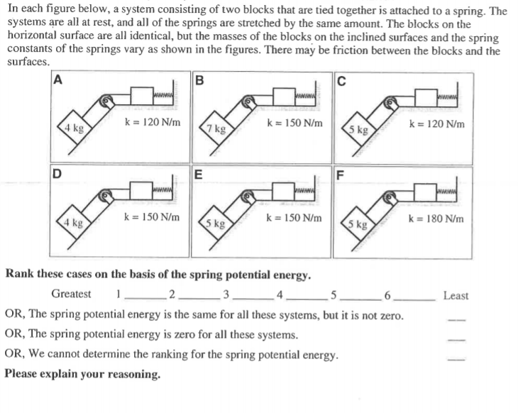 In each figure below, a system consisting of two blocks that are tied together is attached to a spring. The
systems are all at rest, and all of the springs are stretched by the same amount. The blocks on the
horizontal surface are all identical, but the masses of the blocks on the inclined surfaces and the spring
constants of the springs vary as shown in the figures. There may be friction between the blocks and the
surfaces.
A
B
C
4 kg
k = 120 N/m
7kg
k = 150 N/m
5 kg
k = 120 N/m
D
E
F
k = 150 N/m
5 kg
k = 180 N/m
k = 150 N/m
4 kg
5 kg
Rank these cases on the basis of the spring potential energy.
_2.
Greatest
1
3
4
5
Least
OR, The spring potential energy is the same for all these systems, but it is not zero.
OR, The spring potential energy is zero for all these systems.
OR, We cannot determine the ranking for the spring potential energy.
Please explain your reasoning.
