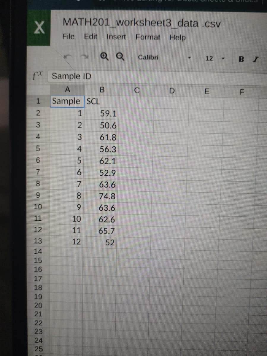 X
f Sample ID
A
1
2
3
4
5
6
7
8
00
9
10
12
13
14
15
16
17
18
19
20
22215
23
MATH201 worksheet3_data.csv
File Edit Insert
Format Help
24
Sample SCL
1
2
3
4
5
6
7
8
9
B
10
11
12
59.1
50.6
1.8
56.3
62.1
52.9
63.6
74.8
63.6
62.6
65.7
52
Calibri
C
D
♥
12
▾
в 7
F