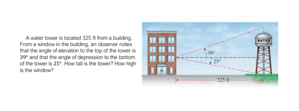 A water tower is located 325 ft from a building.
From a window in the building, an observer notes
that the angle of elevation to the top of the tower is
39° and that the angle of depression to the bottom
of the tower is 25°. How tall is the tower? How high
is the window?
WATER
39°
25°
325 ft
