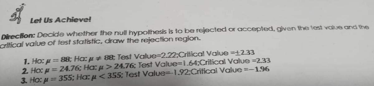 Let Us Achieve!
Direction: Decide whether the null hypothesis is to be rejected or accepted, given the test value and the
crifical value of test statistic, diraw the rejection region.
1. Ho: µ= 88; Ha: µ # 88; Test Value=2.22;Critical Value =±2.33
2. Ho: p = 24.76; Ha: µ > 24.76; Test Value=D1.64;Critical Value =233
3. Ho: u = 355; Ha: µ < 355; Test Value=-1.92:Critical Value =-1.96
