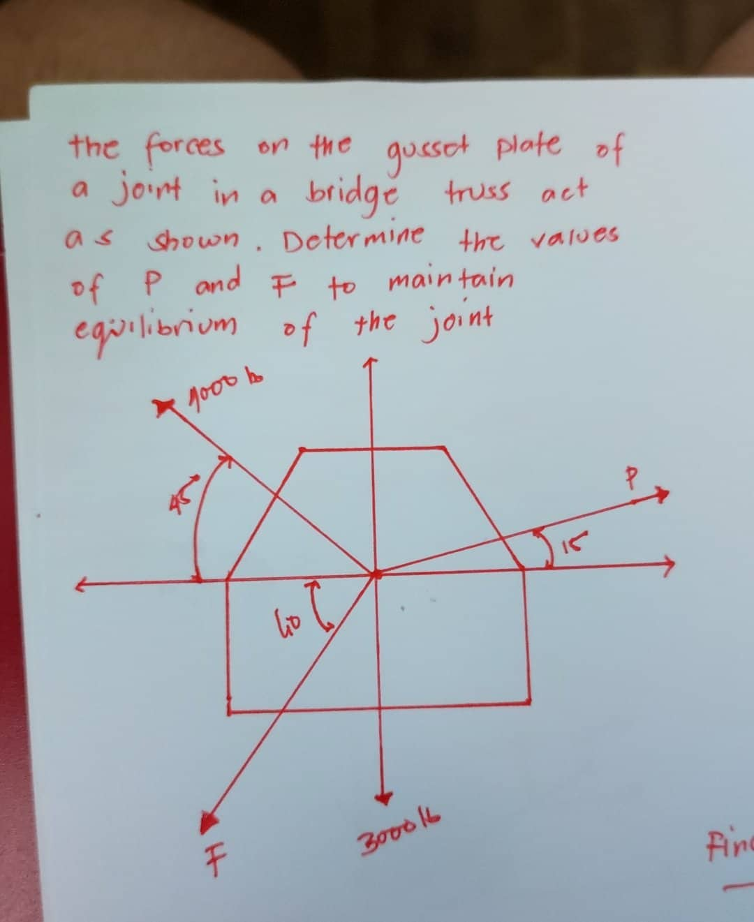 the forces on the gusset plate of
a joint in a
bridge truss act
as shown.
shown. Determine the values
of P and F to maintain
equilibrium of the joint
ж 1000 в
b
to
300016
Jir
Fine