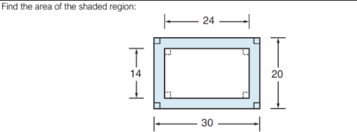 Find the area of the shaded region:
24
20
14
30
