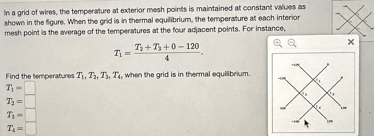 In a grid of wires, the temperature at exterior mesh points is maintained at constant values as
shown in the figure. When the grid is in thermal equilibrium, the temperature at each interior
mesh point is the average of the temperatures at the four adjacent points. For instance,
T₁=
=
T2+T3+0-120
4
Find the temperatures T1, T2, T3, T4, when the grid is in thermal equilibrium.
T₁=
T2=
T3
ΤΑ
-120
320
-120
-160
3
11
0
120
120
X