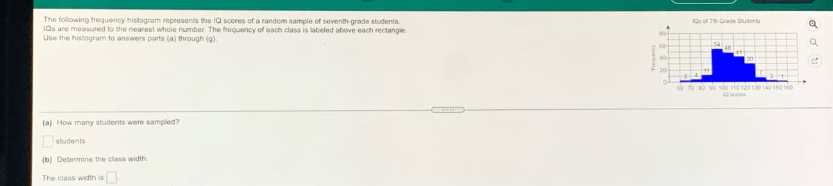 The following frequency histogram represents the IQ scores of a random sample of seventh-grade students
IQs are measured to the nearest whole number. The frequency of each class is labeled above each rectangle.
Use the histogram to answers parts (a) through (g).
IQs of 7th Grade Students
60 70 80 90 100 110 120 130 14O 150 160
(a) How many students were sampled?
students
(b) Determine the class width.
The class width is.
