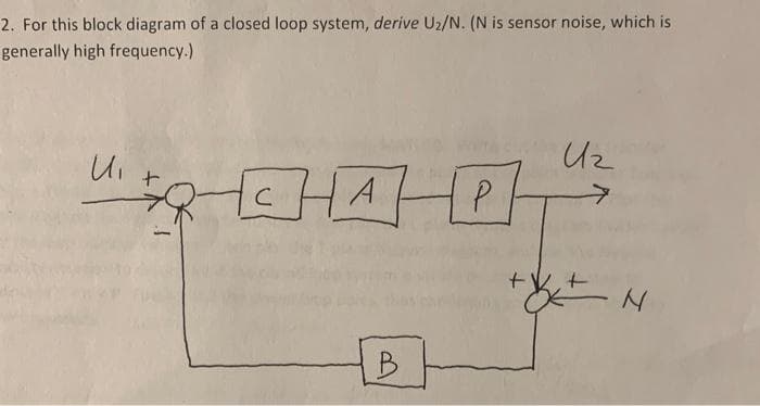 2. For this block diagram of a closed loop system, derive U₂/N. (N is sensor noise, which is
generally high frequency.)
U₁
B
P
U₂
→
+x+
N