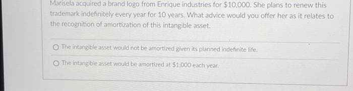 Marisela acquired a brand logo from Enrique industries for $10,000. She plans to renew this
trademark indefinitely every year for 10 years. What advice would you offer her as it relates to
the recognition of amortization of this intangible asset.
The intangible asset would not be amortized given its planned indefinite life.
The intangible asset would be amortized at $1,000 each year.