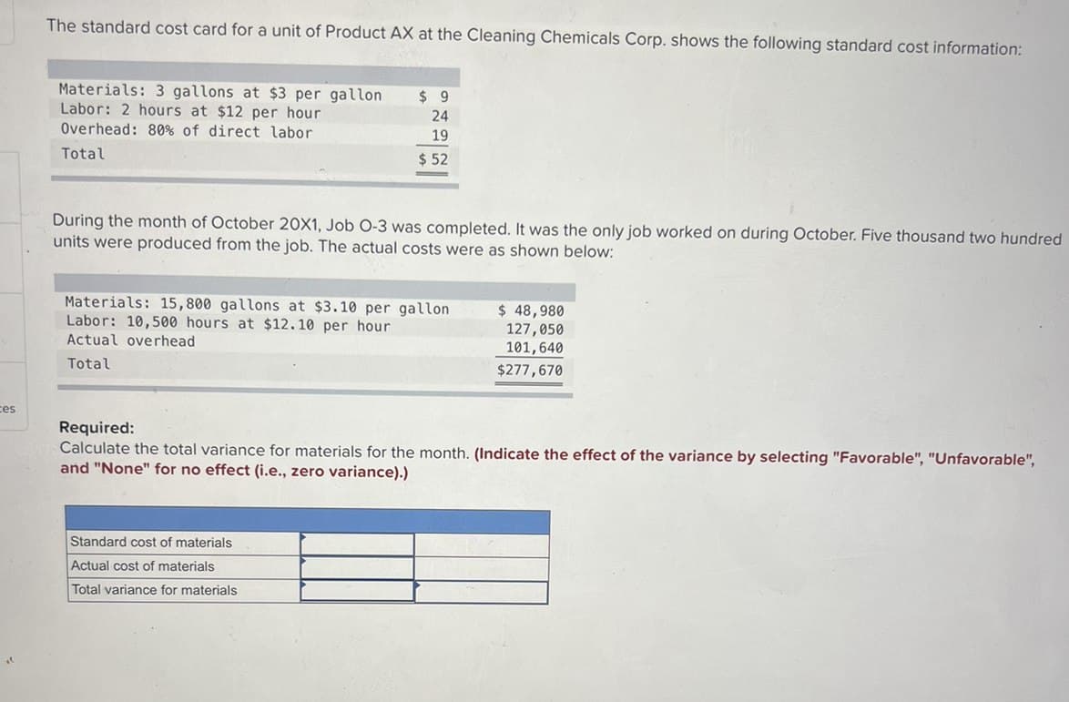 ces
of
The standard cost card for a unit of Product AX at the Cleaning Chemicals Corp. shows the following standard cost information:
Materials: 3 gallons at $3 per gallon
Labor: 2 hours at $12 per hour
Overhead: 80% of direct labor
Total
$9
24
19
$ 52
During the month of October 20X1, Job O-3 was completed. It was the only job worked on during October. Five thousand two hundred
units were produced from the job. The actual costs were as shown below:
Materials: 15,800 gallons at $3.10 per gallon
Labor: 10,500 hours at $12.10 per hour
Actual overhead
Total
Standard cost of materials
Actual cost of materials
Total variance for materials
$ 48,980
127,050
101,640
$277,670
Required:
Calculate the total variance for materials for the month. (Indicate the effect of the variance by selecting "Favorable", "Unfavorable",
and "None" for no effect (i.e., zero variance).)