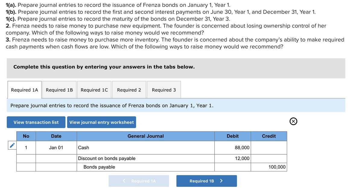 1(a). Prepare journal entries to record the issuance of Frenza bonds on January 1, Year 1.
1(b). Prepare journal entries to record the first and second interest payments on June 30, Year 1, and December 31, Year 1.
1(c). Prepare journal entries to record the maturity of the bonds on December 31, Year 3.
2. Frenza needs to raise money to purchase new equipment. The founder is concerned about losing ownership control of her
company. Which of the following ways to raise money would we recommend?
3. Frenza needs to raise money to purchase more inventory. The founder is concerned about the company's ability to make required
cash payments when cash flows are low. Which of the following ways to raise money would we recommend?
Complete this question by entering your answers in the tabs below.
Required 1A Required 1B Required 1C Required 2
Prepare journal entries to record the issuance of Frenza bonds on January 1, Year 1.
View transaction list View journal entry worksheet
No
1
Date
Jan 01
Required 3
General Journal
Cash
Discount on bonds payable
Bonds payable
Required 1A
Required 1B
>
Debit
88,000
12,000
Credit
100,000