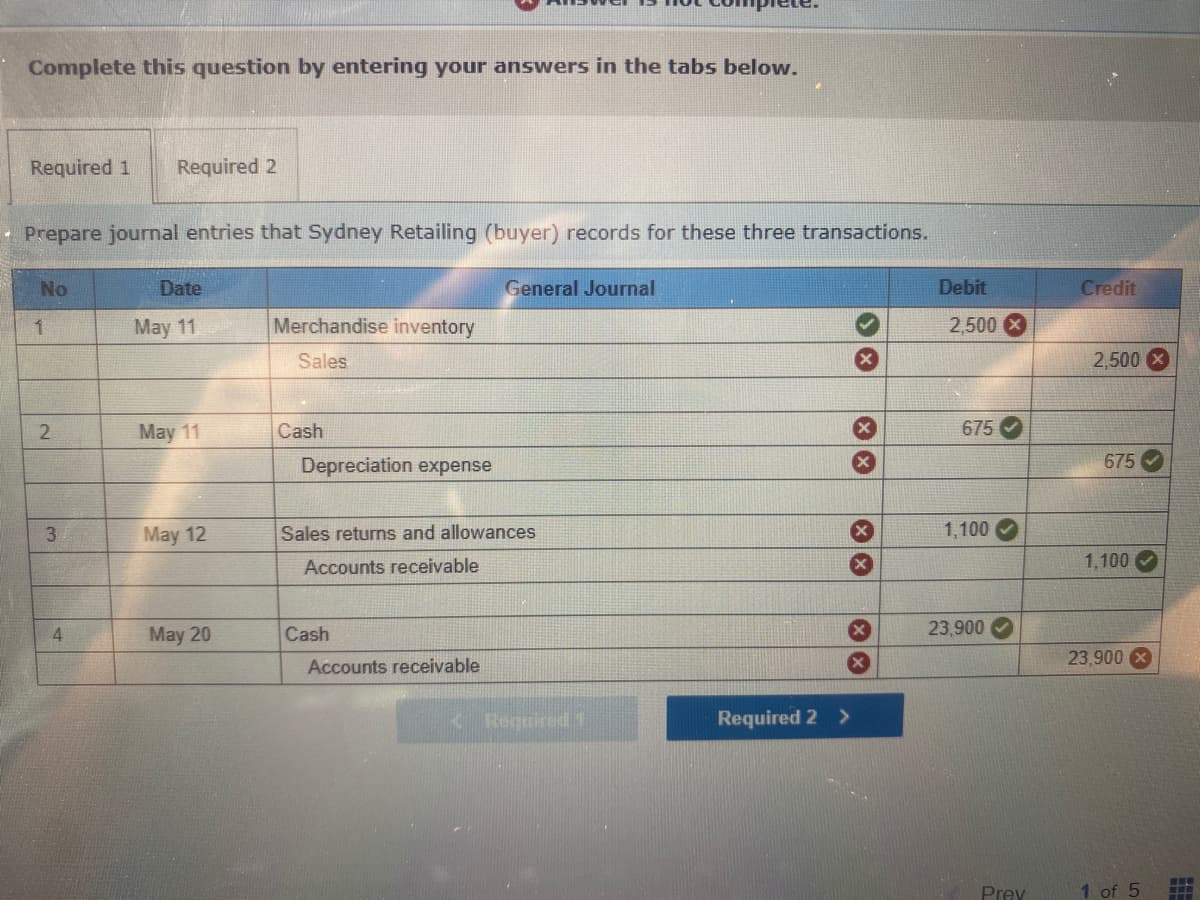 Complete this question by entering your answers in the tabs below.
Required 1
Required 2
• Prepare journal entries that Sydney Retailing (buyer) records for these three transactions.
No
Date
General Journal
Debit
Credit
May 11
Merchandise inventory
2,500 X
Sales
2,500 X
2.
May 11
Cash
675
Depreciation expense
675
3
May 12
Sales returns and allowances
1,100
Accounts receivable
1,100
May 20
Cash
23,900
23,900 X
Accounts receivable
KRequired 1
Required 2 >
Prey
1 of 5
