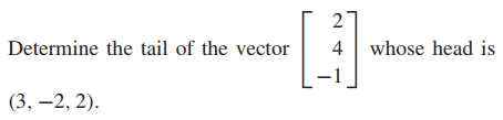 2
Determine the tail of the vector
4 whose head is
(3, –2, 2).
