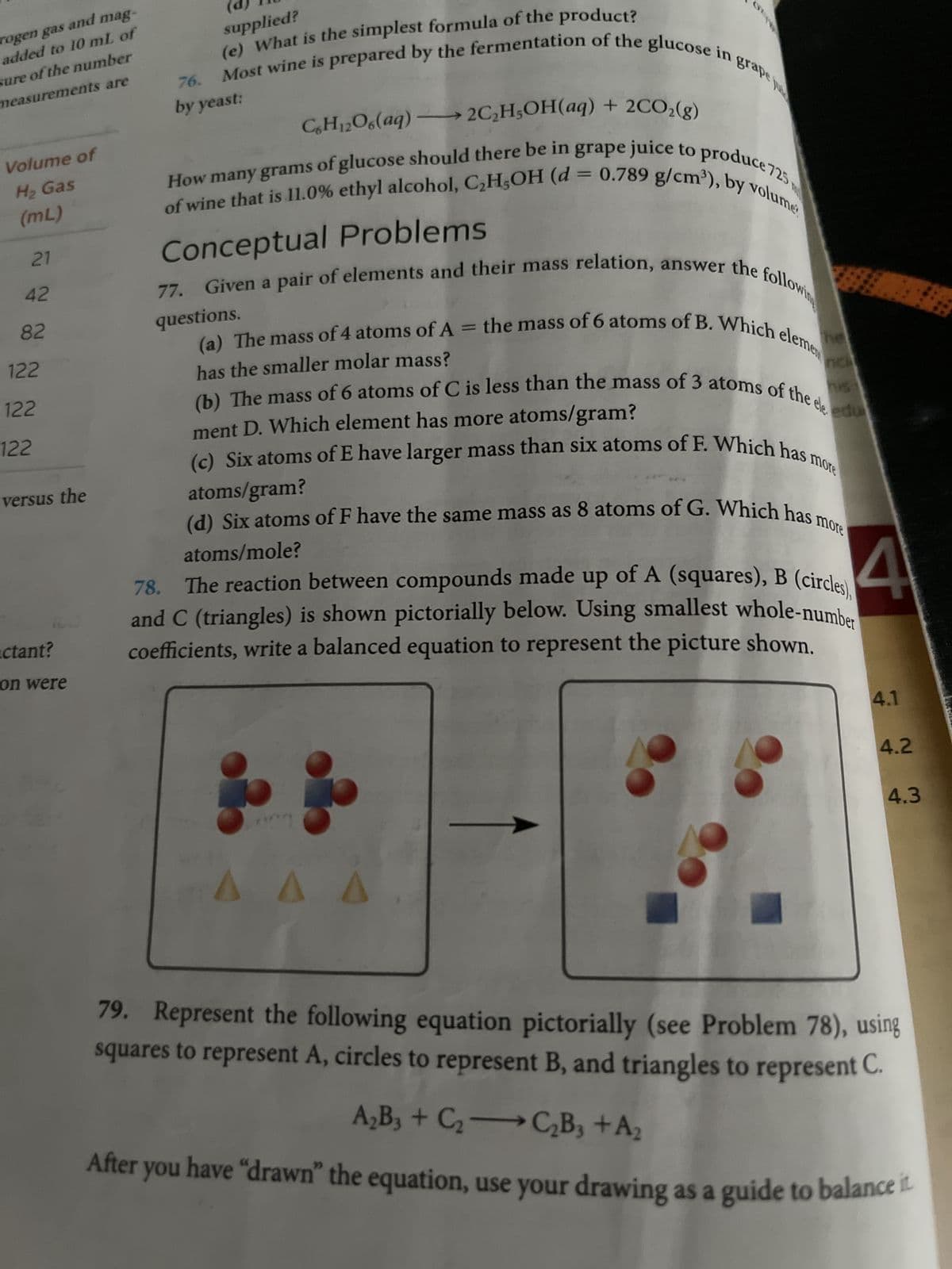 rogen gas and mag-
added to 10 mL of
sure of the number
measurements are
Volume of
H₂ Gas
(mL)
21
42
82
122
122
122
versus the
actant?
on were
supplied?
(e) What is the simplest formula of the product?
Most wine is prepared by the fermentation of the glucose in grape
76.
by yeast:
C6H₁2O6(aq) →→→→2C₂H₂OH(aq) + 2CO₂(g)
How many grams of glucose should there be in grape juice to produce 725
of wine that is 11.0% ethyl alcohol, C₂H,OH (d = 0.789 g/cm³), by volume
Conceptual Problems
questions.
77. Given a pair of elements and their mass relation, answer the following
(a) The mass of 4 atoms of A = the mass of 6 atoms of B. Which elemen
has the smaller molar mass?
ment D. Which element has more atoms/gram?
(b) The mass of 6 atoms of C is less than the mass of 3 atoms of the ele du
(c) Six atoms of E have larger mass than six atoms of F. Which has more
atoms/gram?
(d) Six atoms of F have the same mass as 8 atoms of G. Which has more
atoms/mole?
ne
4
78. The reaction between compounds made up of A (squares), B (circles)
and C (triangles) is shown pictorially below. Using smallest whole-number
coefficients, write a balanced equation to represent the picture shown.
jis ju
AA
4.1
4.2
4.3
79. Represent the following equation pictorially (see Problem 78), using
squares to represent A, circles to represent B, and triangles to represent C.
A₂B3 + C₂C₂B3 + A₂
After you have "drawn" the equation, use your drawing as a guide to balance