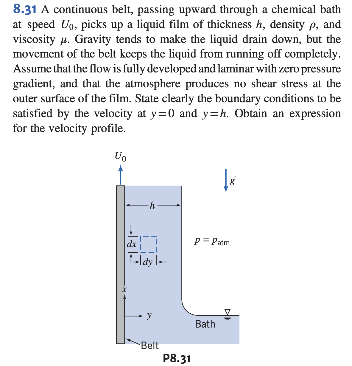 8.31 A continuous belt, passing upward through a chemical bath
at speed Uo, picks up a liquid film of thickness h, density p, and
viscosity u. Gravity tends to make the liquid drain down, but the
movement of the belt keeps the liquid from running off completely.
Assume that the flow is fully developed and laminar with zero pressure
gradient, and that the atmosphere produces no shear stress at the
outer surface of the film. State clearly the boundary conditions to be
satisfied by the velocity at y=0 and y=h. Obtain an expression
for the velocity profile.
Uo
y.
|dx
p = Patm
Toldy le
→ y
Bath
Belt
P8.31
