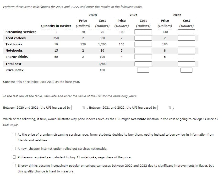 Perform these same calculations for 2021 and 2022, and enter the results in the following table.
Streaming services
Iced coffees
Textbooks
Notebooks
Energy drinks
Total cost
Price index
Price
Quantity in Basket (Dollars)
1
70
250
10
15
50
Suppose this price index uses 2020 as the base year.
2020
2
120
2
2
Between 2020 and 2021, the UPI increased by
Cost
Price
(Dollars) (Dollars)
70
100
500
2
1,200
150
30
5
100
1,900
100
2021
Cost
(Dollars)
In the last row of the table, calculate and enter the value of the UPI for the remaining years.
Between 2021 and 2022, the UPI increased by
Price
(Dollars)
130
2
180
8
6
%
2022
Cost
(Dollars)
Which of the following, if true, would illustrate why price indexes such as the UPI might overstate inflation in the cost of going to college? Check all
that apply.
As the price of premium streaming services rose, fewer students decided to buy them, opting instead to borrow log-in information from
friends and relatives.
A new, cheaper internet option rolled out services nationwide.
Professors required each student to buy 15 notebooks, regardless of the price.
Energy drinks became increasingly popular on college campuses between 2020 and 2022 due to significant improvements in flavor, but
this quality change is hard to measure.