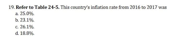 19. Refer to Table 24-5. This country's inflation rate from 2016 to 2017 was
a. 25.0%.
b. 23.1%.
c. 26.1%.
d. 18.8%.