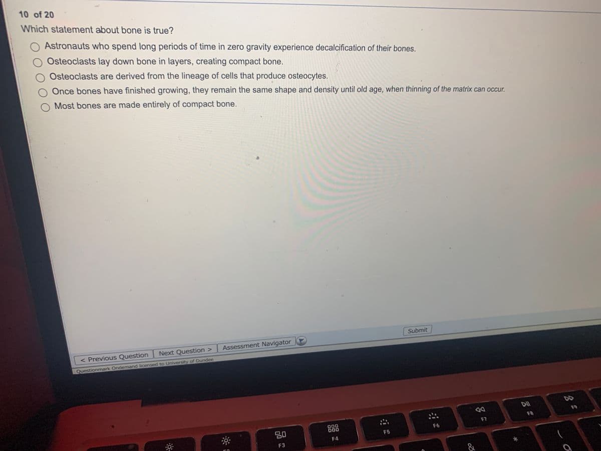 10 of 20
Which statement about bone is true?
Astronauts who spend long periods of time in zero gravity experience decalcification of their bones.
Osteoclasts lay down bone in layers, creating compact bone.
Osteoclasts are derived from the lineage of cells that produce osteocytes.
Once bones have finished growing, they remain the same shape and density until old age, when thinning of the matrix can occur.
O Most bones are made entirely of compact bone.
Submit
< Previous Question
Next Question >
Assessment Navigator
Questionmark Ondemand licensed to University of Dundee
DD
F9
000
D00
FB
吕0
F6
F7
F5
F4
F3
&
