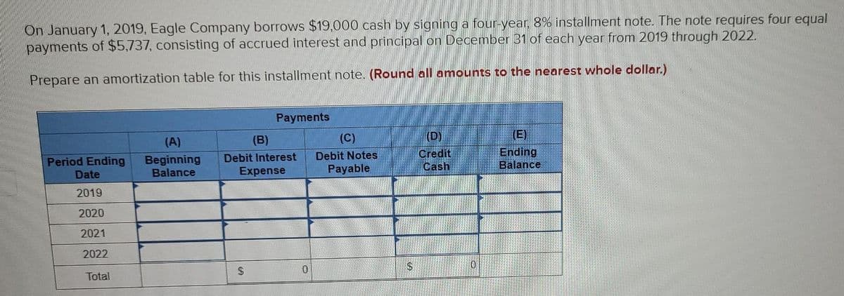 On January 1, 2019, Eagle Company borrows $19,000 cash by signing a four-year, 8% installment note. The note requires four equal
payments of $5,737, consisting of accrued interest and principal on December 31 of each year from 2019 through 2022.
Prepare an amortization table for this installment note. (Round all amounts to the nearest whole dollar.)
Payments
(A)
(B)
(C)
(D)
(E)
Credit
Cash
Ending
Balance
Debit Interest
Debit Notes
Beginning
Balance
Period Ending
Expense
Payable
Date
2019
2020
2021
2022
$.
Total
