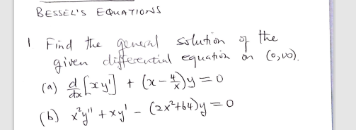 BESSEL'S EQUATIONS
I Find the general solution
given differcutial equation on (0,w).
(^) y] + (x-)y = 0
(6) xg" + xy' - (2x*+h)y=
the
%3D
