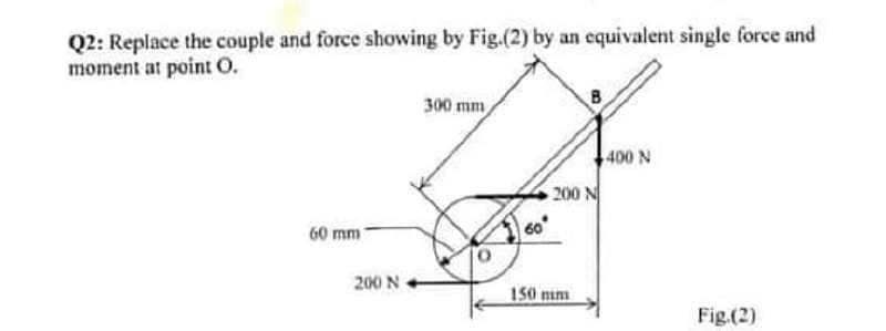 Q2: Replace the couple and force showing by Fig.(2) by an equivalent single force and
moment at point O.
B
300 mm
400 N
200 N
60 mm
200 N
150 nim
Fig.(2)
