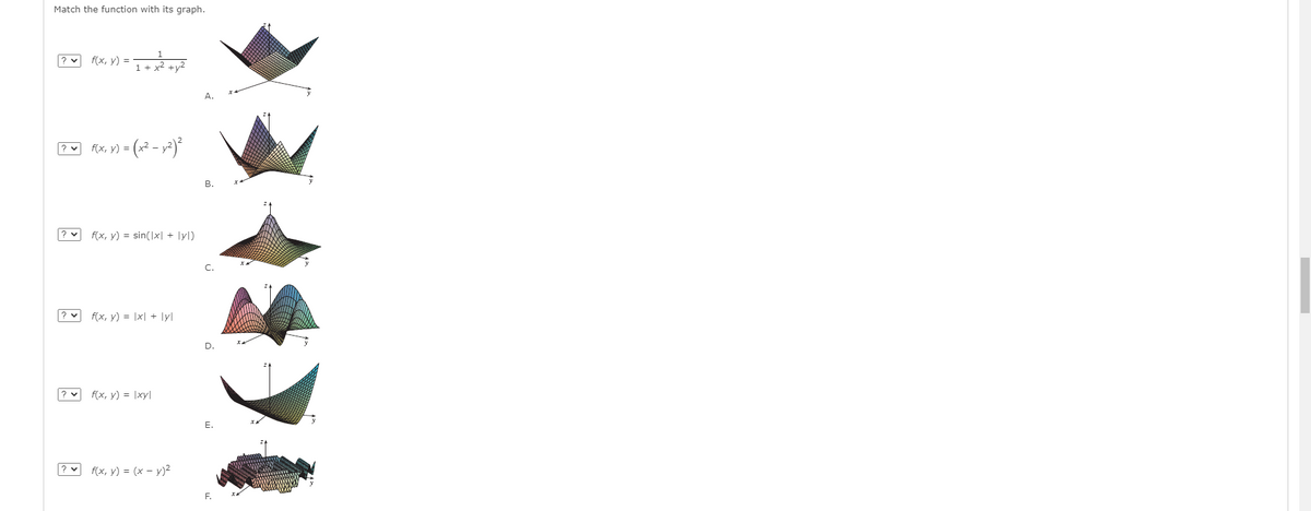 Match the function with its graph.
f(x, y) =
F(x, y) = (x² – y²)
f(x, y) = sin(|x| + \yl)
? v f(x, y) = |x| + \yl
? v
f(x, y) = |xy|
? v
f(x, y) = (x – y)²
F.
