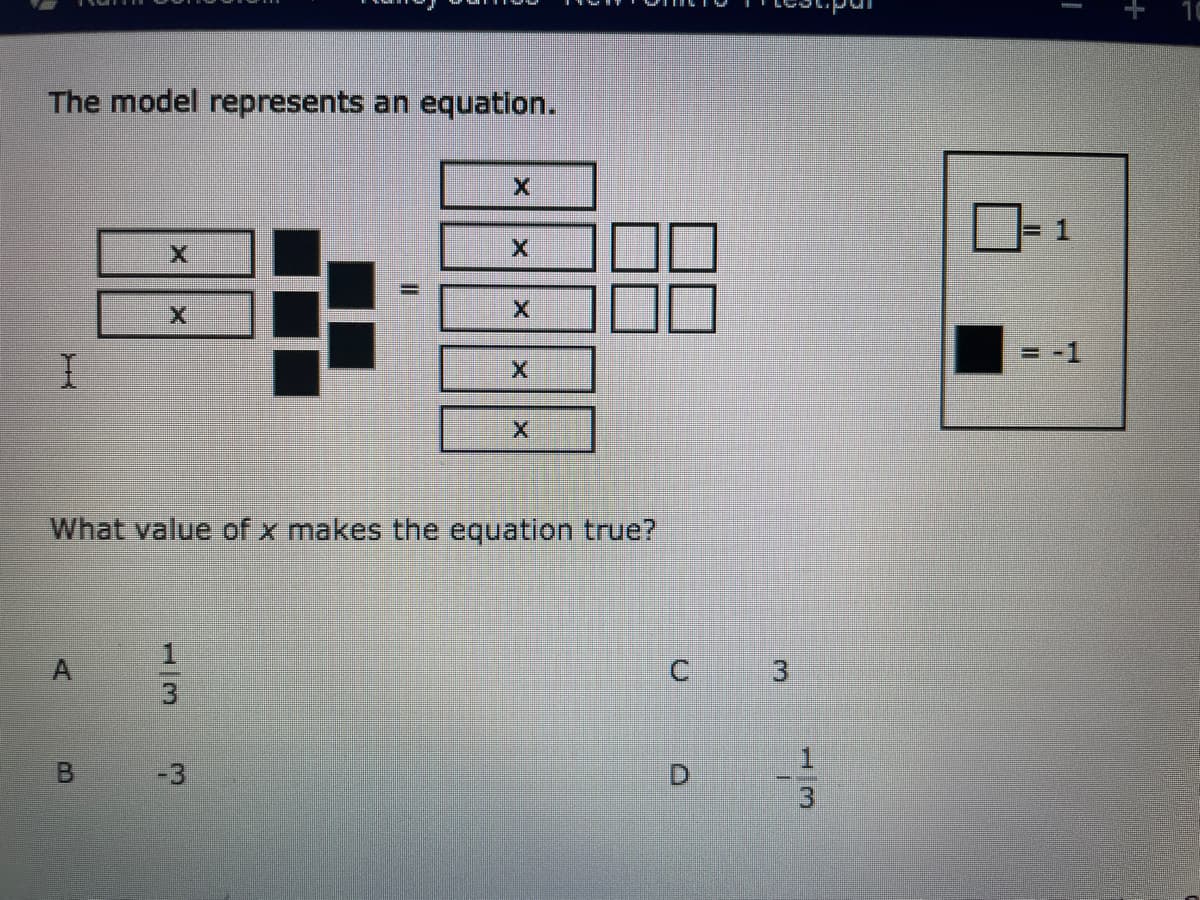 The model represents an equation.
X
What value of x makes the equation true?
3
1.
B.
-3
1.
IL
1/3
