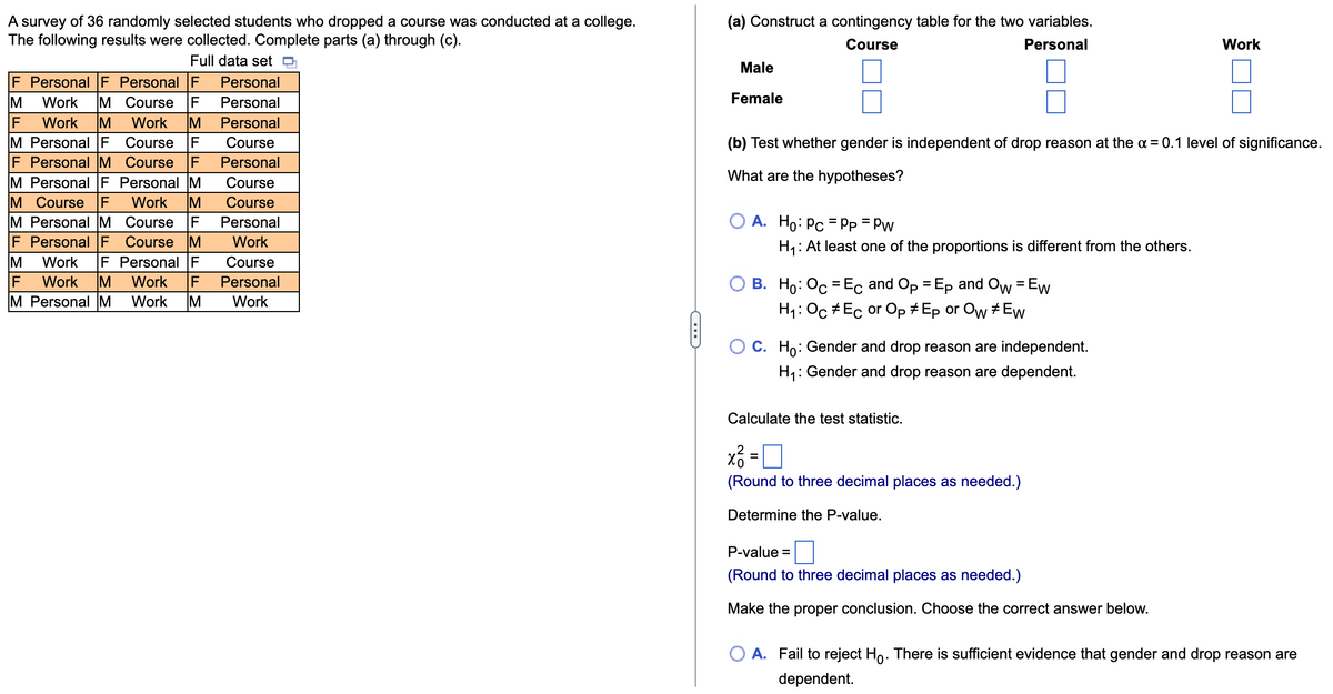 A survey of 36 randomly selected students who dropped a course was conducted at a college.
The following results were collected. Complete parts (a) through (c).
Full data set
F Personal F Personal F Personal
M Work M Course F Personal
F Work M Work IM Personal
M Personal F Course F Course
F Personal M Course F Personal
M Personal F Personal M Course
M Course F Work M Course
M Personal M Course F Personal
|F Personal F Course M Work
M Work F Personal F Course
F Work IM Work F
M Personal M Work M
Personal
Work
(a) Construct a contingency table for the two variables.
Course
Personal
Male
Female
(b) Test whether gender is independent of drop reason at the α = 0.1 level of significance.
What are the hypotheses?
O A. Ho: Pc = PP = Pw
H₁: At least one of the proportions is different from the others.
O B. Ho: Oc=Ec and Op = Ep and Ow = Ew
H₁: Oc #Ec or Op #Ep or Ow #Ew
C. Ho: Gender and drop reason are independent.
H₁: Gender and drop reason are dependent.
Calculate the test statistic.
x²=0
(Round to three decimal places as needed.)
Determine the P-value.
Work
P-value =
(Round to three decimal places as needed.)
Make the proper conclusion. Choose the correct answer below.
O A. Fail to reject Ho. There is sufficient evidence that gender and drop reason are
dependent.