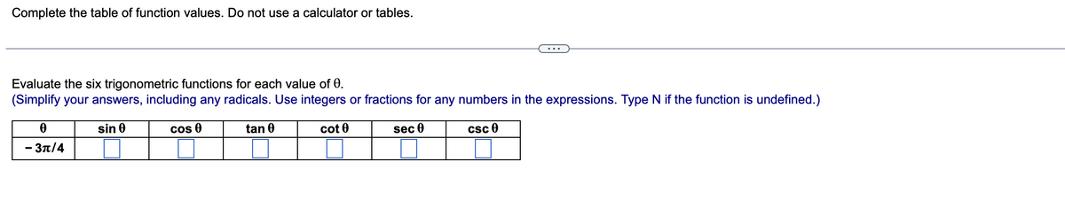 Complete the table of function values. Do not use a calculator or tables.
Evaluate the six trigonometric functions for each value of 0.
(Simplify your answers, including any radicals. Use integers or fractions for any numbers in the expressions. Type N if the function is undefined.)
sin 0
tan 0
cot 0
sec 0
0
- 3π/4
cos 0
csc 0