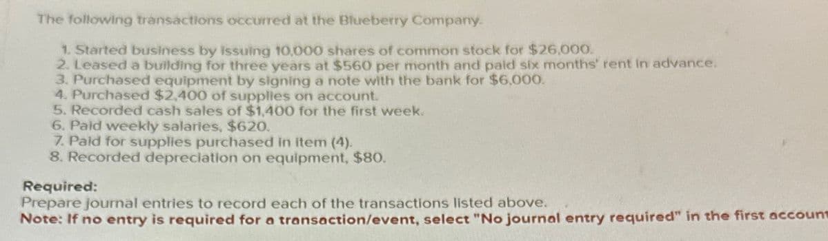 The following transactions occurred at the Blueberry Company.
1. Started business by issuing 10,000 shares of common stock for $26.000.
2. Leased a building for three years at $560 per month and paid six months' rent in advance.
3. Purchased equipment by signing a note with the bank for $6,000.
4. Purchased $2,400 of supplies on account.
5. Recorded cash sales of $1,400 for the first week.
6. Paid weekly salaries, $620.
7. Paid for supplies purchased in item (4).
8. Recorded depreciation on equipment, $80.
Required:
Prepare journal entries to record each of the transactions listed above.
Note: If no entry is required for a transaction/event, select "No journal entry required" in the first account