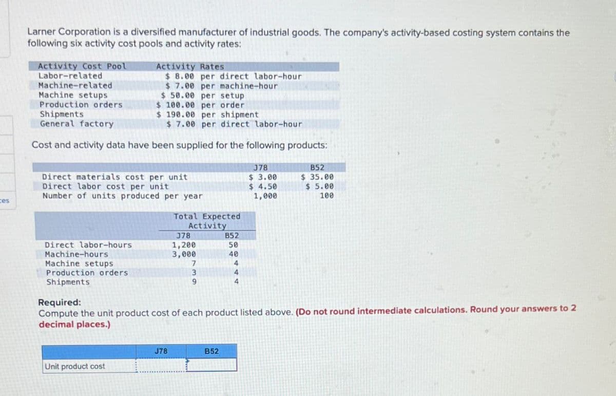 Larner Corporation is a diversified manufacturer of industrial goods. The company's activity-based costing system contains the
following six activity cost pools and activity rates:
Activity Cost Pool
Labor-related
Machine-related
Machine setups
Production orders
Shipments
General factory
Activity Rates
$ 8.00 per direct labor-hour
$ 7.00 per machine-hour
$ 50.00 per setup
$ 100.00 per order
$ 190.00 per shipment
$ 7.00 per direct labor-hour
Cost and activity data have been supplied for the following products:
Direct materials cost per unit
Direct labor cost per unit
378
$ 3.00
$ 4.50
B52
$ 35.00
$ 5.00
1,000
100
Number of units produced per year
ces
Total Expected
Activity
378
B52
Direct labor-hours
1,200
50
Machine-hours
3,000
40
Machine setups
7
4
Production orders
3
4
9
4
Shipments
Required:
Compute the unit product cost of each product listed above. (Do not round intermediate calculations. Round your answers to 2
decimal places.)
J78
B52
Unit product cost