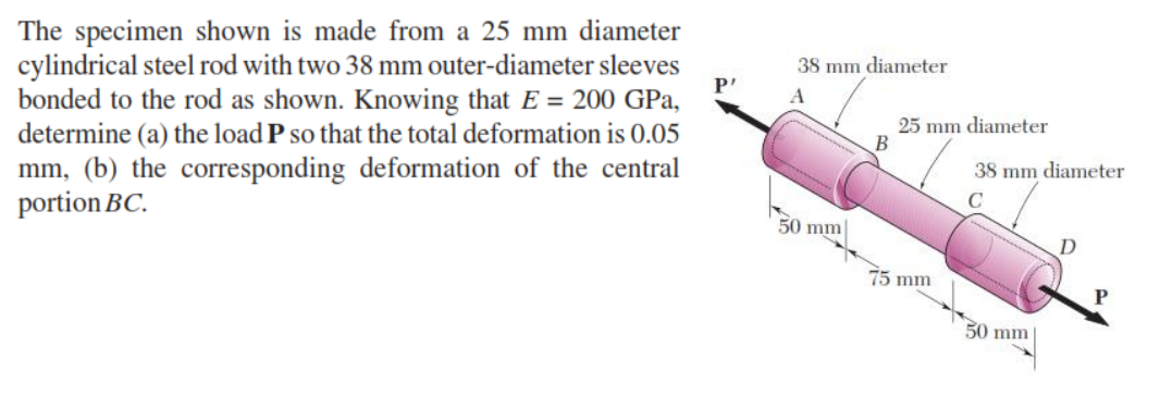 The specimen shown is made from a 25 mm diameter
cylindrical steel rod with two 38 mm outer-diameter sleeves
bonded to the rod as shown. Knowing that E = 200 GPa,
determine (a) the load P so that the total deformation is 0.05
mm, (b) the corresponding deformation of the central
portion BC.
38 mm diameter
P'
25 mm diameter
B
38 mm diameter
C
50 mm
75 mm
50 mm
