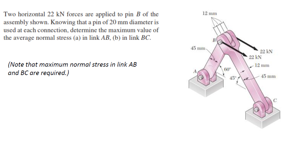 Two horizontal 22 kN forces are applied to pin B of the
assembly shown. Knowing that a pin of 20 mm diameter is
used at each connection, determine the maximum value of
the average normal stress (a) in link AB, (b) in link BC.
12 mm
45 mm
22 kN
22 kN
(Note that maximum normal stress in link AB
and BC are required.)
12 mm
60
45 mm
45
C
