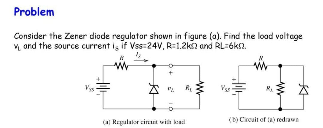 Problem
Consider the Zener diode regulator shown in figure (a). Find the load voltage
V and the source current is if Vss=24V, R=1.2k2 and RL=6kN.
Is
R
R
+
Vss
RL
Vss
RL
(a) Regulator circuit with load
(b) Circuit of (a) redrawn
