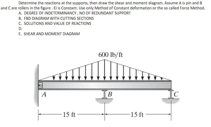 Determine the reactions at the supports, then draw the shear and moment diagram. Assume A is pin and B
and C are rollers in the figure . El is Constant. Use only Method of Constant deformation or the so called Force Method.
A. DEGREE OF INDETERMINANCY, NO OF REDUNDANT SUPPORT
B. FBD DIAGRAM WITH CUTTING SECTIONS
C. SOLUTIONS AND VALUE OF REACTIONS
D.
E. SHEAR AND MOMENT DIAGRAM
600 lb/ft
A
[B
15 ft
15 ft
