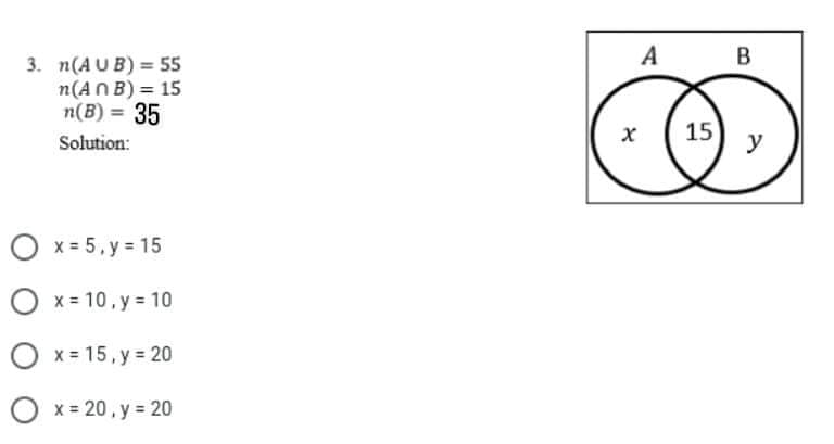 A
3. n(A U B) = 55
n(ANB) = 15
n(B) = 35
15
y
х
Solution:
O x = 5, y = 15
O x = 10, y = 10
O x = 15, y = 20
O x = 20, y = 20
