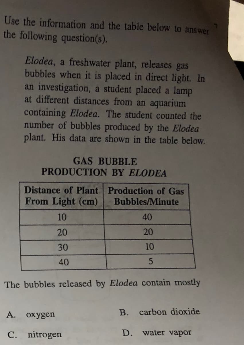 Use the information and the table below to ans wer
the following question(s).
Elodea, a freshwater plant, releases gas
bubbles when it is placed in direct light. In
an investigation, a student placed a lamp
at different distances from an aquarium
containing Elodea. The student counted the
number of bubbles produced by the Elodea
plant. His data are shown in the table below.
GAS BUBBLE
PRODUCTION BY ELODEA
Distance of Plant Production of Gas
From Light (cm)
Bubbles/Minute
10
40
20
20
30
10
40
The bubbles released by Elodea contain mostly
A. oxygen
B. carbon dioxide
C. nitrogen
D.
water vapor
