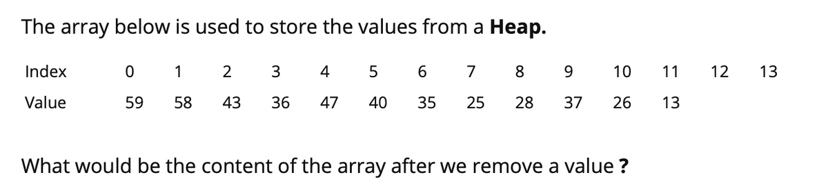 The array below is used to store the values from a Heap.
Index
1
2
4
6.
7
8
10
11
12
13
Value
59
58
43
36
47
40
35
25
28
37
26
13
What would be the content of the array after we remove a value ?
