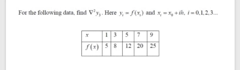 For the following data, find V²y, . Here y, = f(xr,) and x, =x, +ih, i = 0,1,2,3..
13 5
7
f (x) 58 12 20 25
