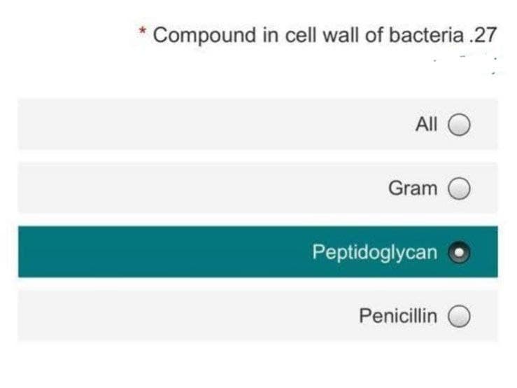 Compound in cell wall of bacteria .27
All O
Gram O
Peptidoglycan
Penicillin O
