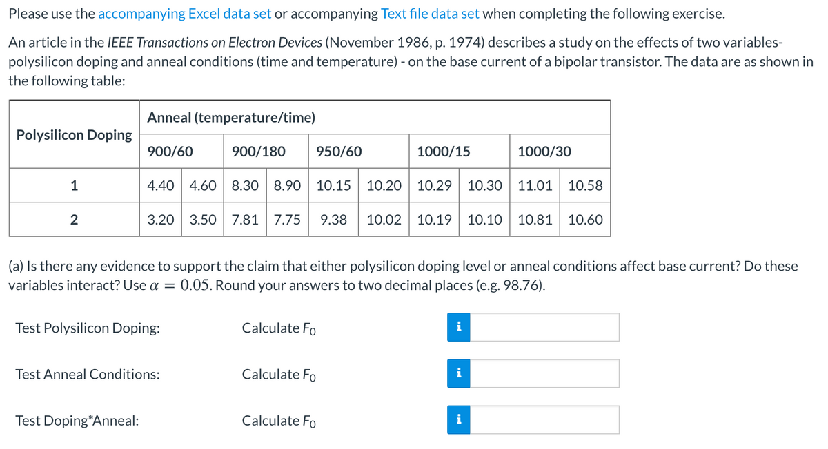 Please use the accompanying Excel data set or accompanying Text file data set when completing the following exercise.
An article in the IEEE Transactions on Electron Devices (November 1986, p. 1974) describes a study on the effects of two variables-
polysilicon doping and anneal conditions (time and temperature) - on the base current of a bipolar transistor. The data are as shown in
the following table:
Anneal (temperature/time)
Polysilicon Doping
900/60
900/180
950/60
1000/15
1000/30
1
4.40| 4.60 8.30 8.90 10.15
10.20 10.29 10.30 11.01
10.58
3.20 3.50 7.81 7.75
9.38
10.02 10.19 10.10 10.81 10.60
(a) Is there any evidence to support the claim that either polysilicon doping level or anneal conditions affect base current? Do these
0.05. Round your answers to two decimal places (e.g. 98.76).
variables interact? Use a =
Test Polysilicon Doping:
Calculate Fo
Test Anneal Conditions:
Calculate Fo
Test Doping*Anneal:
Calculate Fo
