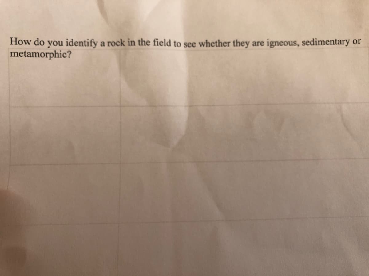 How do you identify a rock in the field to see whether they are
metamorphic?
igneous, sedimentary or
