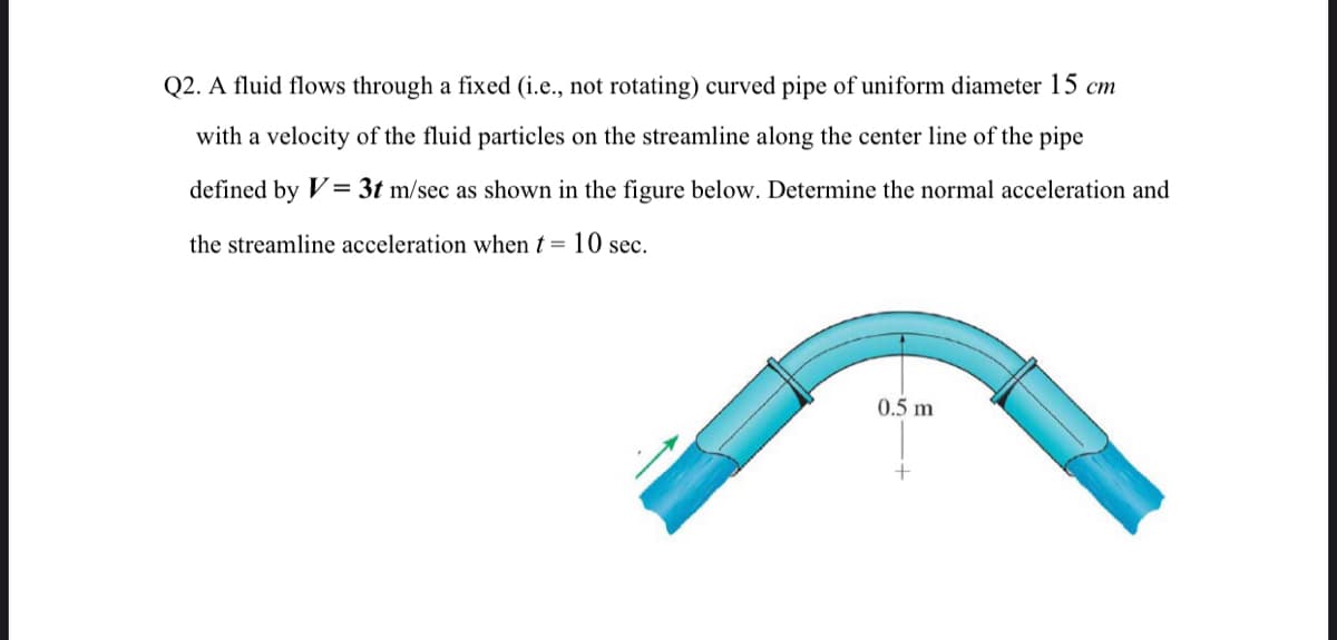 Q2. A fluid flows through a fixed (i.e., not rotating) curved pipe of uniform diameter 15 cm
with a velocity of the fluid particles on the streamline along the center line of the pipe
defined by V = 3t m/sec as shown in the figure below. Determine the normal acceleration and
the streamline acceleration when t = 10 sec.
0.5 m
+