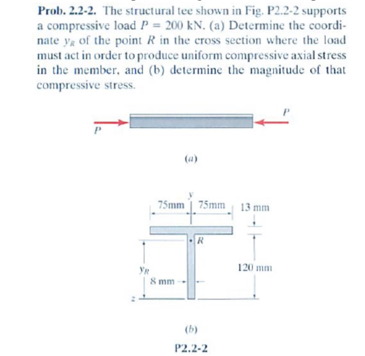 **Problem 2.2-2**

The structural tee shown in Fig. P2.2-2 supports a compressive load \(P = 200 \text{ kN}\).

(a) Determine the coordinate \( y_R\) of the point \( R\) in the cross-section where the load must act in order to produce uniform compressive axial stress in the member.

(b) Determine the magnitude of that compressive stress.

**Description and Explanation of Figures:**

**Figure (a):**
- This figure illustrates the structural tee with a compressive load \(P\) applied from both sides.

**Figure (b):**
- This figure presents a detailed cross-sectional view of the structural tee.
- Dimensions are specified for clarity:
    - The horizontal segment of the tee has a width of \(150 \text{ mm}\) (split into two sections of \(75 \text{ mm}\) each).
    - The vertical segment of the tee has a height of \(120 \text{ mm}\), with an additional \(8 \text{ mm}\) added for reinforcement.
    - The thickness of both segments of the tee is \(13 \text{ mm}\).
    - Point \( R\) is labelled, representing the point where the load must act to produce uniform stress.

**Objective:**
- To find the coordinate \( y_R \) and the corresponding compressive stress value that ensures uniform compressive stress across the structural member's cross section.

**Figure P2.2-2:**
- The figure summarises the necessary details needed to solve the problem, ensuring comprehension of the physical dimensions and forces involved.