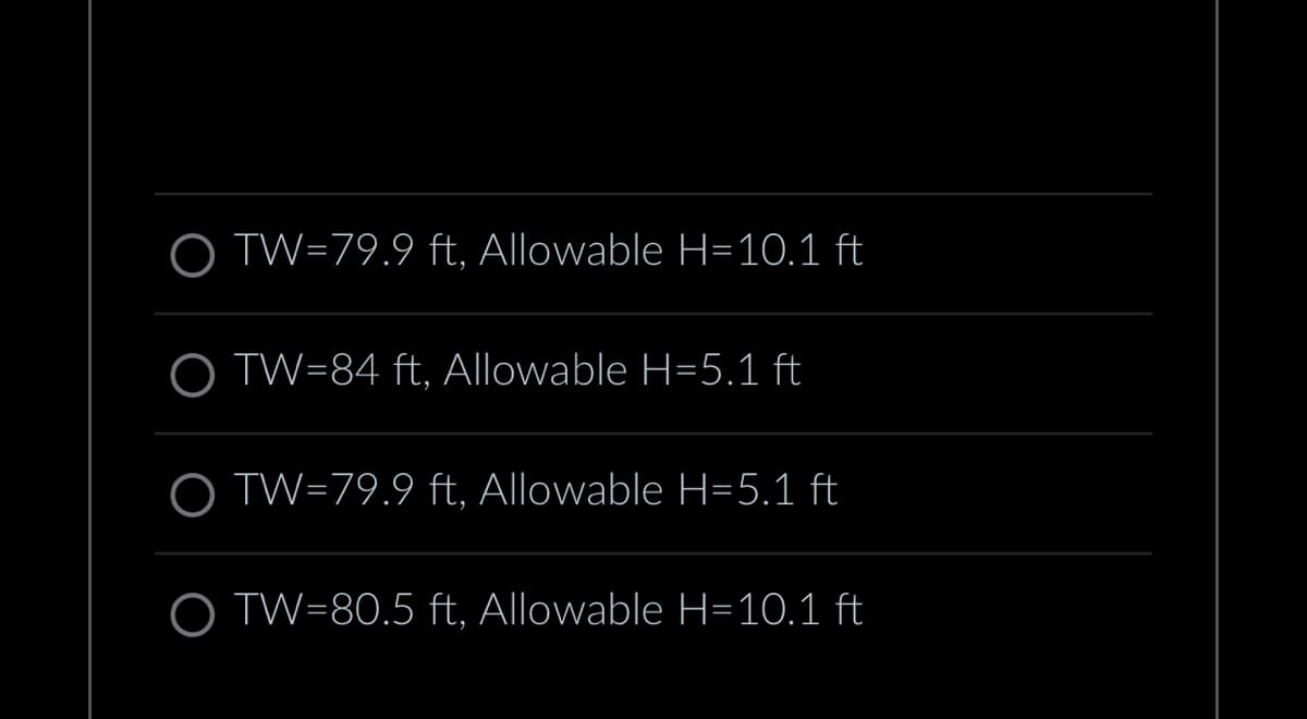 TW=79.9 ft, Allowable H=10.1 ft
TW=84 ft, Allowable H=5.1 ft
O TW=79.9 ft, Allowable H=5.1 ft
O TW=80.5 ft, Allowable H=10.1 ft