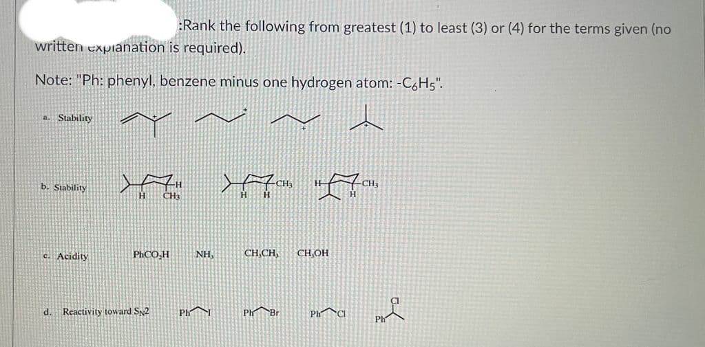 :Rank the following from greatest (1) to least (3) or (4) for the terms given (no
written explanation is required).
di
Note: "Ph: phenyl, benzene minus one hydrogen atom: -C6H5".
a. Stability
b. Stability
c. Acidity
d.
CH3
PhCO,H
Reactivity toward SN2
Ph
NH,
H705
CH,CH, CH,OH
Ph Br
Ph Cl
-CH₂
e