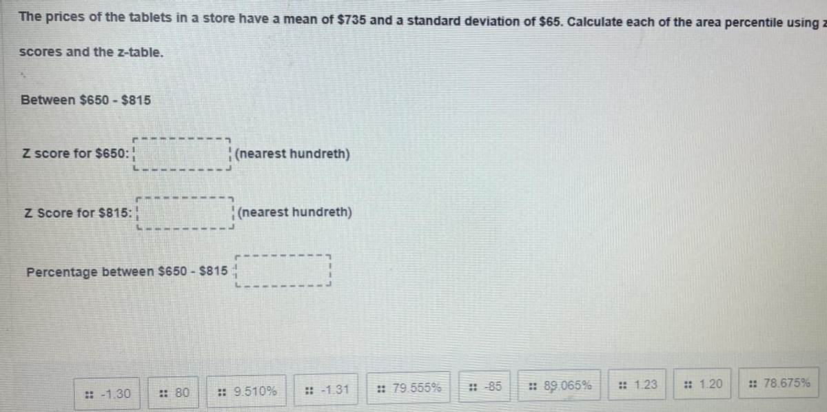 The prices of the tablets in a store have a mean of $735 and a standard deviation of $65. Calculate each of the area percentile using z
scores and the z-table.
Between $650 - $815
Z score for $650:
(nearest hundreth)
Z Score for $815:
(nearest hundreth)
Percentage between $650 - $815:
:: -1.30
:: 80
:: 9.510%
: -1.31
:: 79.555%
: -85
: 89.065%
: 1.23
: 1.20
:: 78.675%
