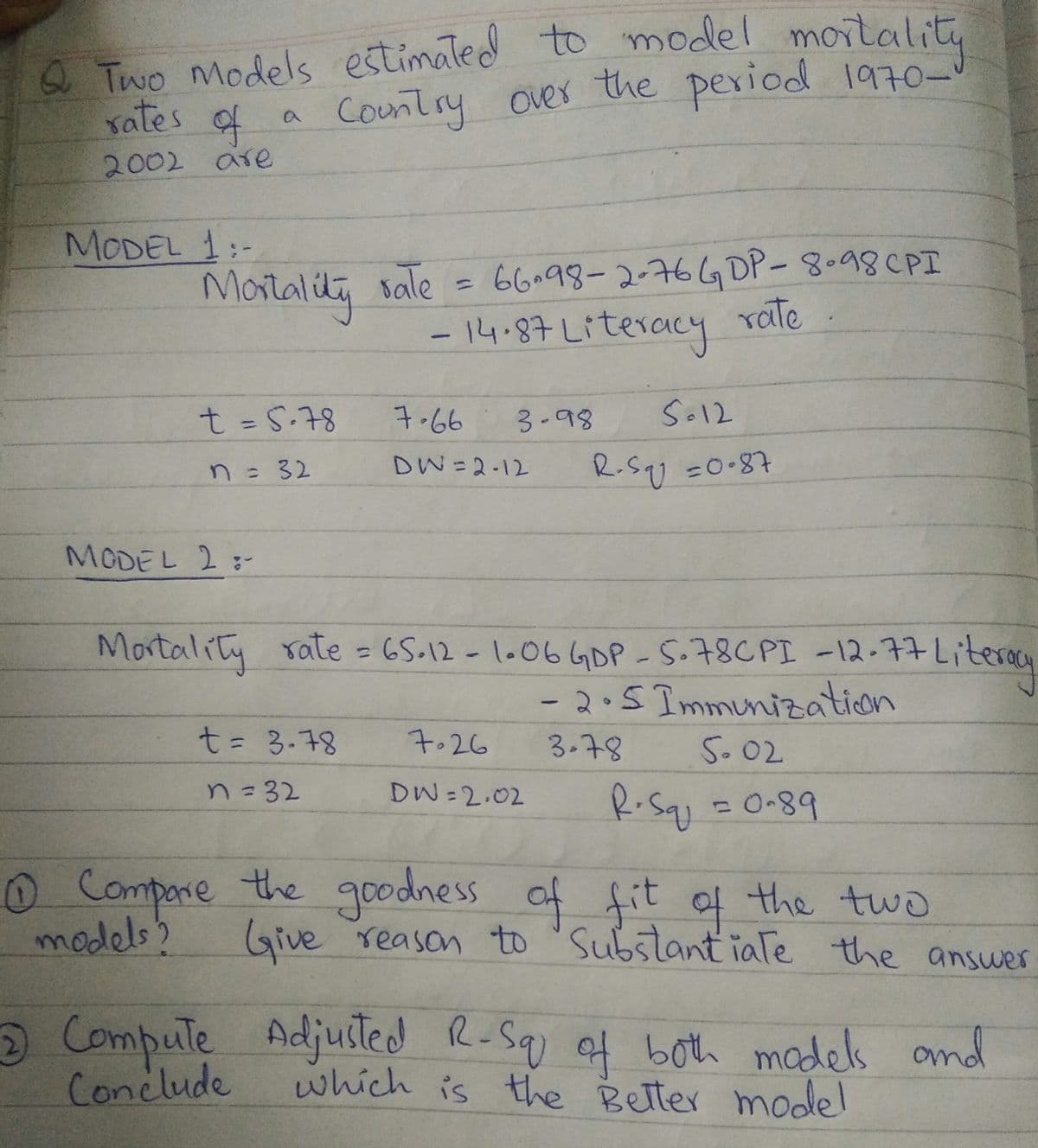 Q Two Models estimated to model moitalit
rates of
Countsy over the period 1970-
2002 are
MODEL 1:-
Mortality
sale
= 66.98-2-76GDP-8.98CPI
%3D
-14.87 Literacy
rate
t = 5.78
7.66
3-98
Sol2
n 32
DW=2.12
R.Sqy =0•87
%3D
%3D
MODEL 2:-
Mortality rate = 6S.12 - 1.06 GDP - S.78CPI -12-77Literou
%3D
-2.5Immunization
t3 3.78
7.26
3.78
5.02
%3D
n=32
DW=2.02
R.Sq,=0-89
O Compare the goodness af fit of the two
Give reason to
models)
Substant iaTe the answer
a Compute Adjusted R-Sq of boh madels and
Conclude
which is the Better model
